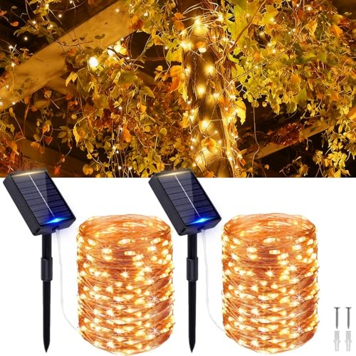 MOLVCE Utomhusslinga, 2 x 20 m, 200 LED, ljuskedja utomhus, solcell med 8 lägen och minnesfunktion, koppartråd, solcellsljuskedja IP65, vattentät för trädgård, gård, balkong, varmvit