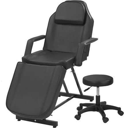 HaiYiZuhause Massage Liege mit Hocker, Verstellbarer Kosmetikstuhl mit hydraulischer Höhenverstellung, Rückenlehne & Beinauflage, Profi Massageliege für Tattoo, Wimpern, Kosmetikstudio, Schwarz