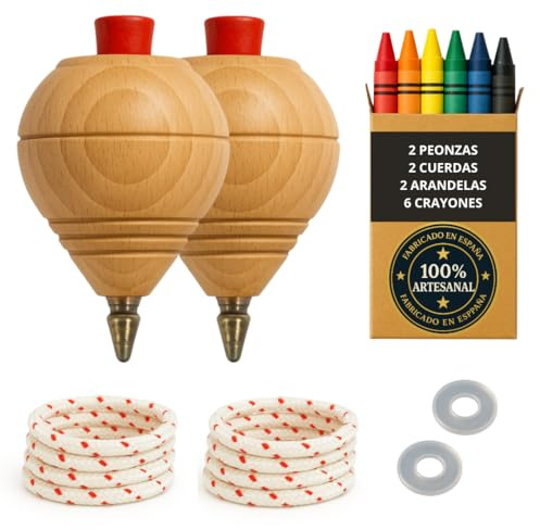 Set di 2 trottole in legno per bambini + 6 matite colorate + 2 rondelle | Fatto a mano in Spagna con punta a penna