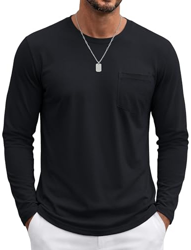 TACVASEN Maglia Uomo Manica Lunga in Cotone con Tasca Casual Magliette Nere Uomo Collo Rotondo Morbida e Confortevole (XXL, Nero)