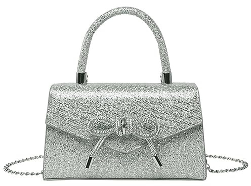 XFSRG Bolso Mujer Plateado Brillante con Lazo Elegante para Fiesta Carteras de Mano y Clutches de Moda (Plata)