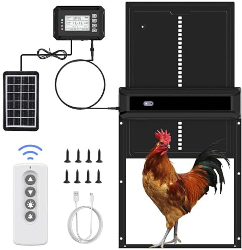 Large Size Automatic Chicken Coop Door Solar Powered Chicken Door with Independent LCD Display and Remote Control, Anti-Pinch & Aluminum Alloy Weather Proof Electric Coop Accessories with 4 Modes
