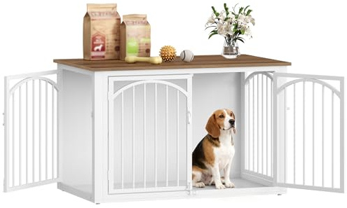 Fobyfurny Dog ​​Crate Furniture, 100cm 4-Door Wooden Dog Crate, End Side Table Animal Crates for Medium-to-Large Dogs, Indoor Dogs Kennel, 100 L x 60 W x 63 H cm, Brown & White, FPDC002FWR1