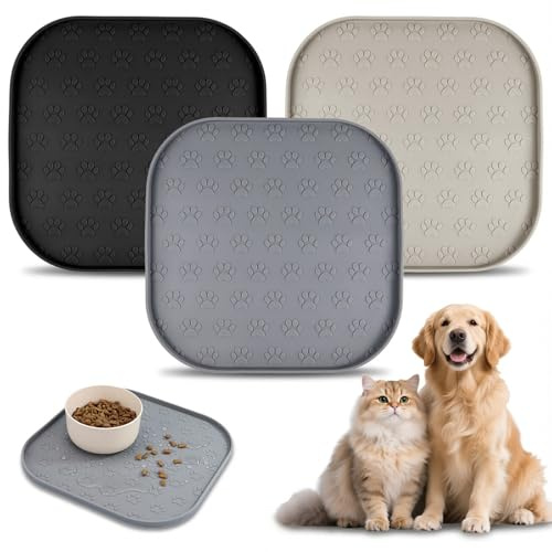 Set de 3 Alfombra Comedero Perro de Silicona, Alfombrilla para Comida de Gato y Perro 27x27 cm, Antideslizante e Impermeable con Bordes Elevados, Apta para Mascotas Pequeñas y Medianas