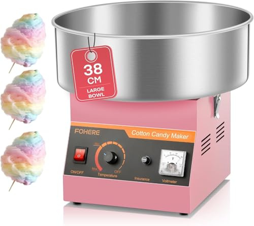 Máquina de Algodón de Azúcar Comercial 1000W, FOHERE Fácil de Instalar y Desmontar Control Simple con Azucarero y Cuchara para Cumpleaños, Bodas, Carnavales y Negocios, Rosa