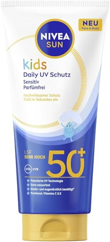 NIVEA SUN Kids solskyddsmedel SPF 50+, extra vattentätt solskydd med pantenol, vitamin C och E, solskyddsmedel utan parfym, dagligt UV-skydd känsliga (100 ml)