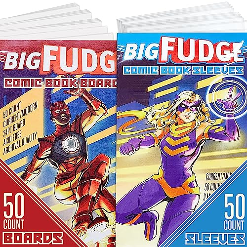 BIG FUDGE 50 Comic Book Bags and 50 Backing Boards - 7.25” x 10.5 Acid Free Crystal Clear Sleeves & 6.87” x 10.5” Backing Boards - for 1990's & Current Comics