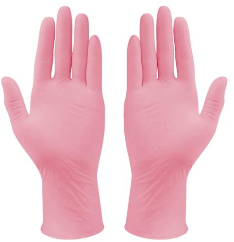 MONOUSALO Gants Nitrile Jetables Taille M couleur Rose Sans Poudre, Latex et Talc (Boite de 100) Gloves Plastique Chirurgicaux pour Cuisine, Mecanicien, Tatouage, usage Alimentaire, Coiffeur, Voiture