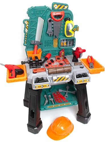 Amazon Basics Kids Workbench Construction Toy, Pretend Play Tool Set with 80 Pieces, Educational Interactive Playset, Play Helmet & Safety Goggles, for Ages 3 and Up, Multicolor, Medium
