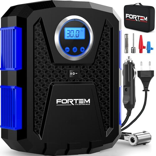 FORTEM Car Tyre Inflator 150 PSI, Air Compressor, 230V AC 12V DC Electric Air Pump for Car Tires, Digital Tire Pump w/Auto Pump/Shut Off, Carrying Case