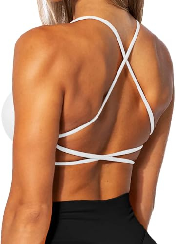 TZLDN Women Workout Backless Sports Bra Removable Padded Strappy Low Impact Support Open Back Gym Bras Yoga Crop Tank Top #5Classic-White, M