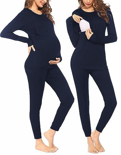 Ekouaer Pigiama Premaman Donna Pigiami maternità Manica Lunga Invernali Due Pezzi Abbigliamento da Notte Morbido Camicia da Notte, Blu Navy, L
