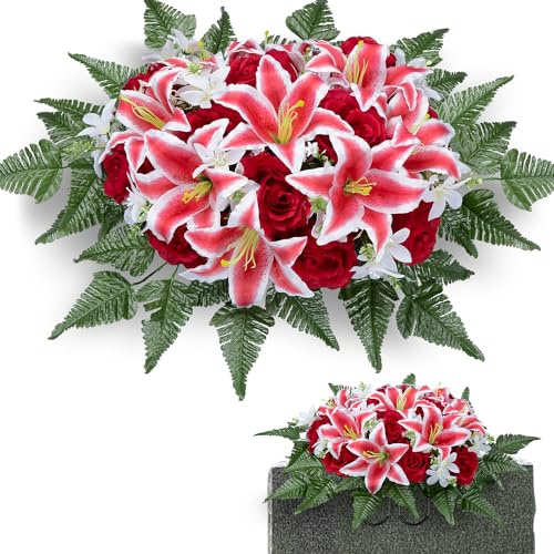 Artificiell gravsten, blomsadlar för gravar, kyrkogårdsblommor för utomhus gravstensdekorationer, lilja ros gerbera blandade sadelblommor (röd lilja, 1 sadel)
