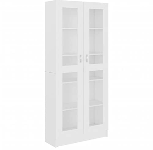 Homgoday Vetrina, Libreria con Ante in Vetro, Mobile Espositore Autoportante per Soggiorno Ufficio Credenza con Unità Scaffalature Bianco 82,5x30,5x185,5 cm Legno Ingegnerizzato