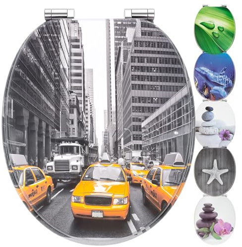 WC Sitz mit Absenkautomatik | Holzkern | stabile Softclose Scharniere | einfache Montage | glatte Oberfläche | tolle Motive zur Auswahl | Holz WC-Deckel universell passend (New York Taxi)