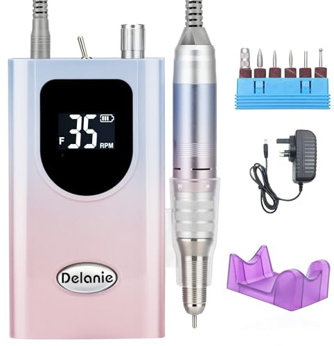 Delanie Nail Drill, 35000 RPM Electric Nail Files Rechargeable Portable E File Kit with 6 Drill Bits for Acrylic Nails and Gel Nails Gradient Pink