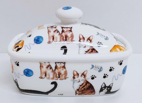 Cats Butter Dish Fine China Collage Multi Cute Cat Covered Container Hand Decorated in UK