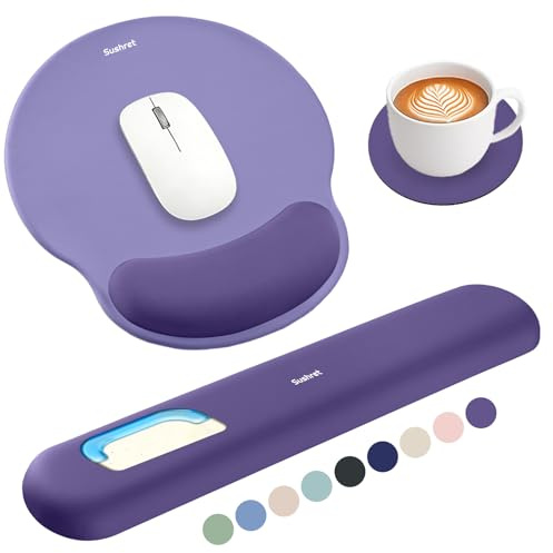 Sushret Mouse Pad and Keyboard Wrist Rest, Mouse Pad with Wrist Rest Set | Gel Memory Foam, 3-in-1 Mousepad Set, Arm Cushion Support for Computer Office Gaming, Desk Accessories Cute Setup, Purple