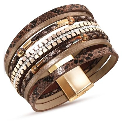 COKSDUPID Leopard & Snake Print Leather Wrap Bracelet ā 7-Layer Boho Bangle with Rhinestone āTribal Stackable Bracelet for Women (Boho Tribal)