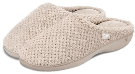 Isotoner® Ladies Popcorn Terry Mule Slippers, Pillowstep® Memory Foam with 360° Surround Comfort, Secret Sole Support, Durable Sole, Machine Washable, Oat, 7 UK
