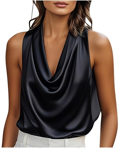 Canottiera da donna con scollo ad anello, in raso di seta, senza maniche, alla moda, casual, ampia, setosa, per feste serali, uscite e abiti alla moda, Nero , XL