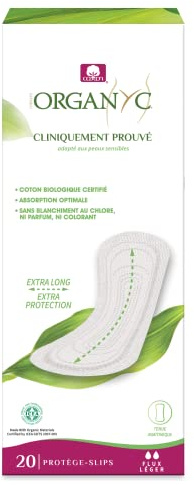 Organyc Protège-Slip Plat en Coton 100% Bio Certifié – Serviette Hygiénique Quotidienne, Sans Pâte de Bois, Parfum, SAP ni Produits Chimiques – Flux Abondant, 20 Unités