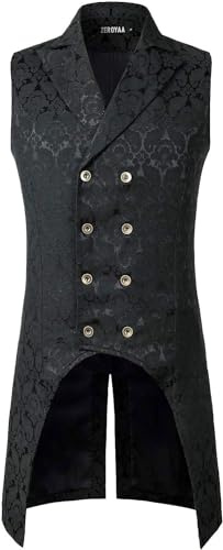 Mens Victorian Steampunk Gothic Double-Breasted Waistcoat Brocade Jacquard Tailcoat Vest UK-PZLSV11 Black XXX-Large