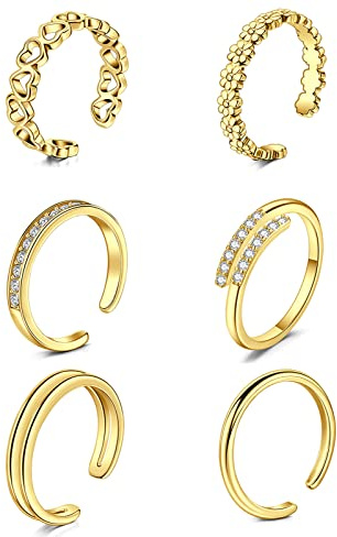 QWALIT Stainless Steel Adjustable Toe Rings, 6pcs Gold, Modern Style for Women