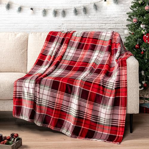 PAVILIA Christmas Plaid Throw Blanket, Red Green Holiday Fleece, 50x60