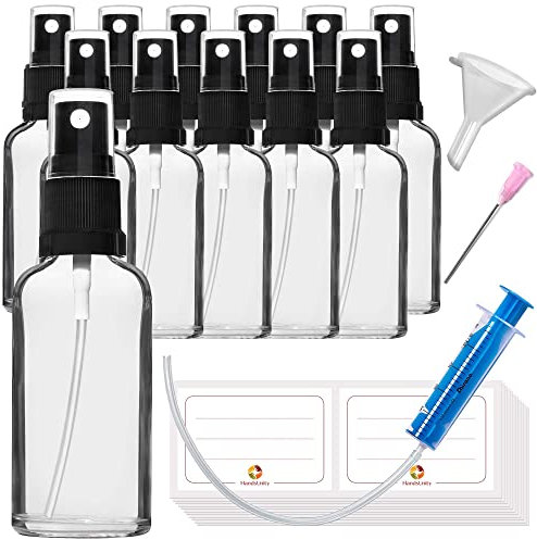 HandsUnity 50ml-12pz di Flacone in Vetro per Spruzzatore - set di Flaconi in Vetro Chiaro per Farmacia con Flacone Spray in Vetro Atomizzatore Nero in Vetro Trasparente con 29 Accessori ausiliari