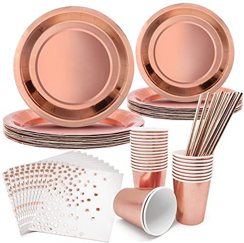 AMJKEJI 96 Pezzi Oro Rosa Piatti Monouso Feste Decorazioni Stoviglie Feste Decorazioni Articoli Piatti Carta per la Tavola di Compleanno Piatti Monouso Feste 24 Ospiti per Compleanno Nozze Feste