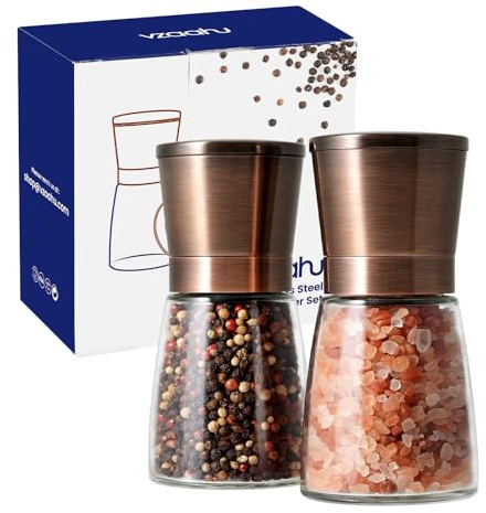 Vzaahu Salt and Pepper Copper Grinders, Set of 2 Refillable Bronze Brass, Seasalt Spice Peppermill with Magnetic Lids Adjustable Coarseness, Ceramic Core, Kitchen Gift