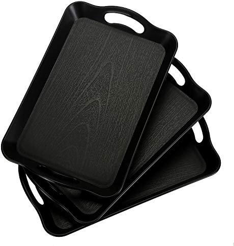 Cedilis 3 Pack Black Serving Trays with Handles,16 x 11IN Rectangular Non Skid Multi-Purpose Plastic OttomanTray for Restaurant, Parties, Coffee Table, Kitchen