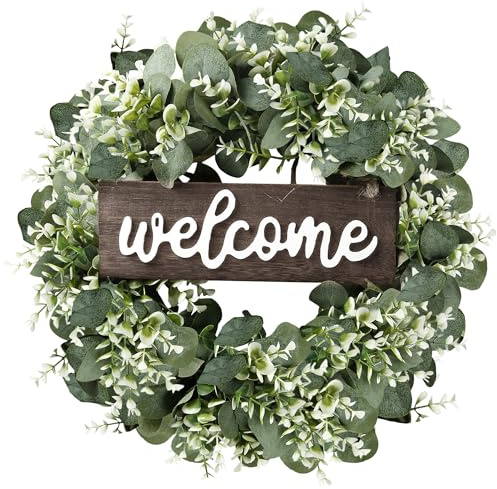 Sggvecsy 16in Artificial Eucalyptus Wreath with Welcome Sign Green Eucalyptus Leaf Wreath Greenery Wreath Round Leaves Wreath for Front Door Wall Window Festival Farmhouse Porch Patio Garden Decor