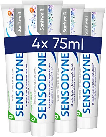 Sensodyne MultiCare Sanftweiß Zahnpasta, Whitening, Zahnpasta für schmerzempfindliche Zähne, Kariesschutz, 4 X 75 ml