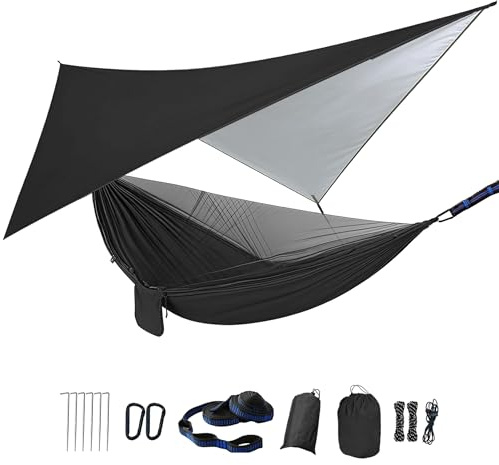 Camping Hammock with Mosquito Net Rain Fly Heavy Duty Tree Strap Portable Single Double Parachute Hammocks Tent Waterproof Rainfly Set for Camping Patio Backpacking Outdoor Hiking Travel