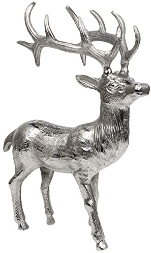 MichaelNoll Hirsch Dekoration - Stehend - Rentier Aluminium Metall Silber - Figur Statue Dekofigur - Deko für Wohnzimmer, Küche, Schlafzimmer - Weihnachten Winter - Hirschgeweih Dekoration XL 37 cm