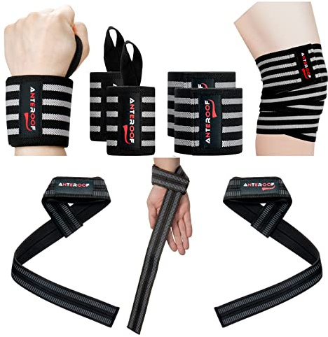 Strength Training Essentials: Knee Wraps, Wrist Wraps, and Lifting Straps Set - Ultimate Gym Protection for Weightlifting, Bodybuilding, and Fitness Workouts