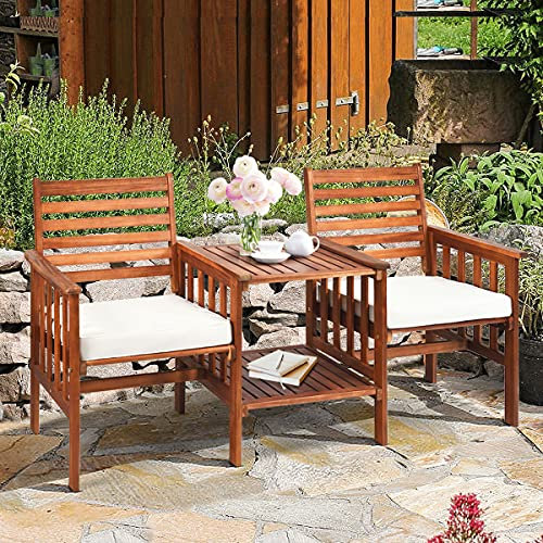 GIANTEX Gartenbank Holz mit Tisch, Holzbank Outdoor 2 Sitzer mit Kissen, Sitzbank Garten mit Schirmloch, Friesenbank Kinobank bis 350 kg belastbar, Terrassenbank für Balkon Terrasse 165 x 65 x 88 cm