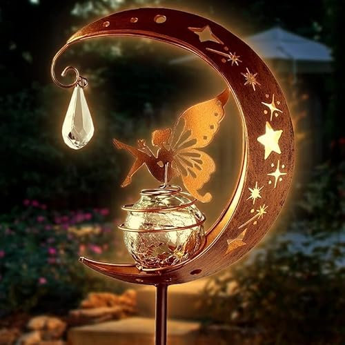 Mond Solarleuchten Garten Deko Terassendeko, Metall Solarlampe für Außen, Elfe/Blumenfee Wasserdichte Solarleuchte mit Glaskugel für Terrasse Balkon Pfahlpfad Rasen