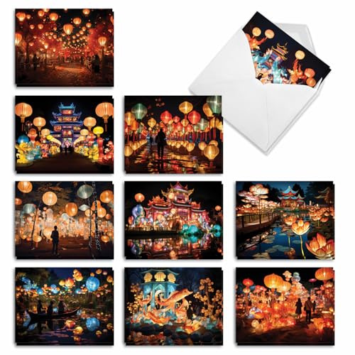 The Best Card Company 20 Assorted Lunar New Year Notecards Boxed Set 4 x 5.12 Inch with Envelopes (10 Designs, 2 Each) Lantern Festival AM10982LNG-B2x10