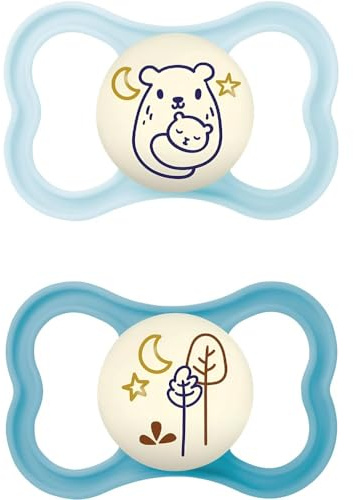 MAM Air Succhietto 16+ Mesi (Set da 2), Ciuccio MAM 16-36 mesi che si illumina al buio, Kit da 2 accessori neonato con tettarella in silicone e porta ciuccio sterilizzatore, Celeste/Azzurro