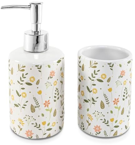 TIENDA EURASIA – Set de Baño | Dispensador de Jabón y Portacepillos | 7x16.8cm 7x10.5cm | Cerámica y Plástico Libre de BPA (Flores)