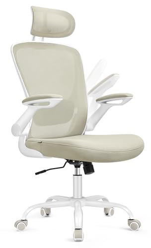 SONGMICS Bürostuhl ergonomisch, Drehstuhl mit Mesh, Lenden- und Kopfstütze, Wippfunktion, 53 cm große Sitzfläche, klappbare Armlehnen, Arbeits- und Schlafzimmer, Studenten, cappuccinobeige OBN047K01