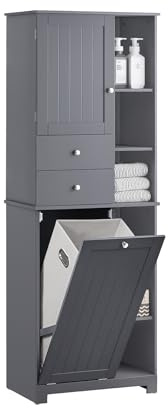 SoBuy Tall Bathroom Storage Cabinet with Laundry Basket Slim Freestanding Bathroom Unit, Narrow Storage Cupboard with Shelves, Bathroom Towel Storage, Grey 60x37x171 cm BZR104-DG