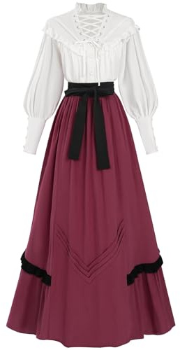 CR ROLECOS - Abito vittoriano medievale da donna, 2 pezzi, abito rinascimentale maxi, blusa vittoriana+gonne medievali, abito da ballo, per teeparty, rosso mattone, s