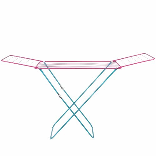 Torkställning i blå metall och fuchsia återförslutbar, lägger ut 2 tvättmaskiner, tvättställ ja