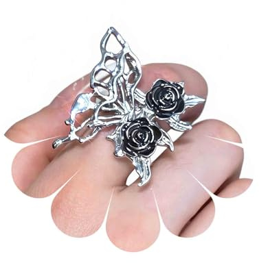 Aneneiceera Vintage Exagerada Mariposa Envoltura Anillo De Plata De Metal Mariposa Flor Anillos De Filigrana Grande Rosa Dedo Anillos Huecos Nudillo Joyería De La Mano Para Las Mujeres (negro Rosa)