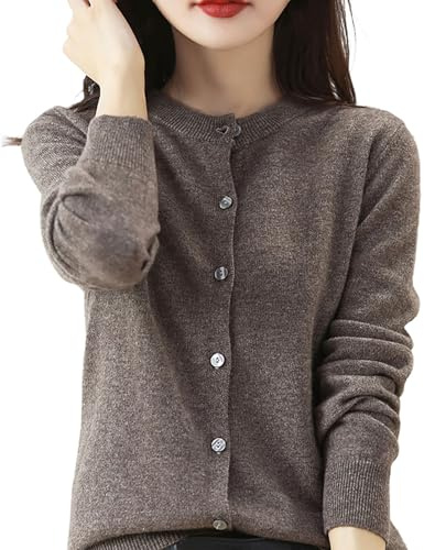 Couawaticy red Cardigan Women Women's Cashmere Cardigan Round Neck Sweater Spring Autumn Winter Long Sleeve Knitted Solid Color Soft Cardigan Sweater 5-Coffee L