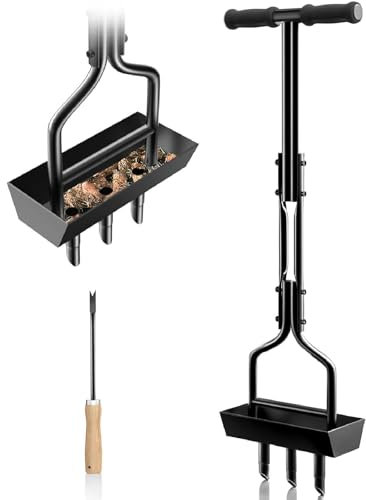 Aireador de césped con bandeja de almacenamiento de núcleo de tierra, aireador manual de enchufe de patio con 3 dientes para suelo compactado, ideal para jardín y cuidado del césped, 37.6 pulgadas